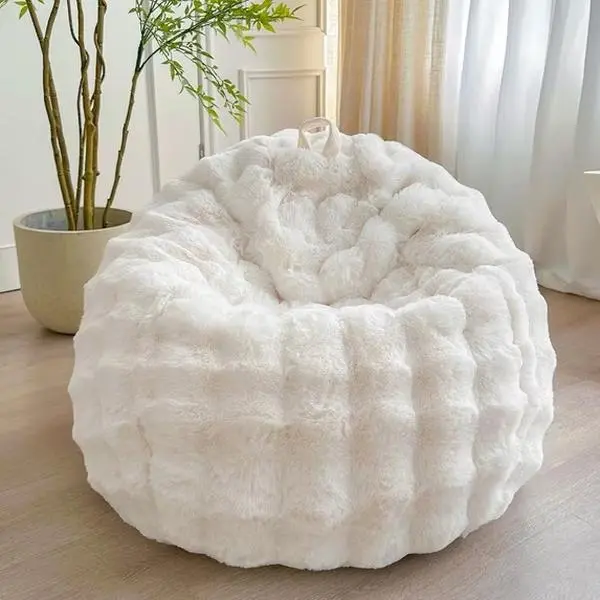Faux Rabbit Fur Bean Bag Chair Cover  - Soft Luxury Decorative Home Organizer, Comfy Shaggy Stuffed Animal Storage Bubble Beanbag Cover
