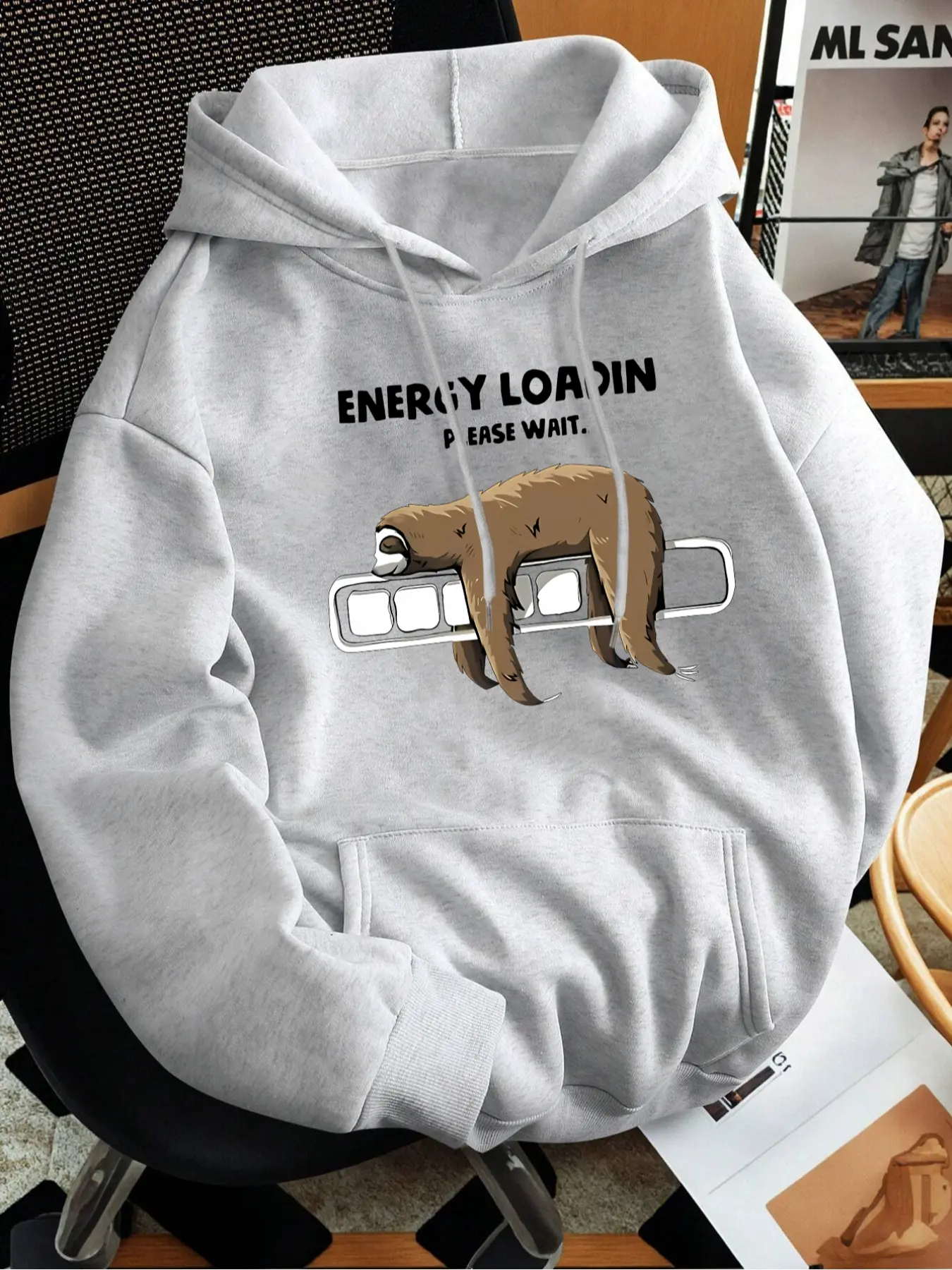 Men's Casual Hooded Sweatshirt with Cartoon Sloth Print, Drawstring Pocket Long Sleeve Pullover, Fall & Winter Fitted Streetwear, Graphic Print Hoodie
