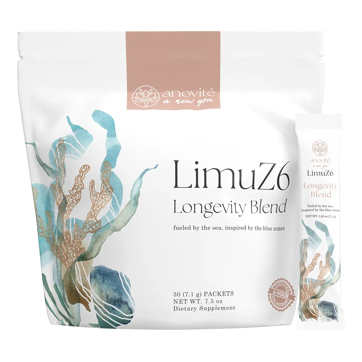 LimuZ6 Longevity Blend - Colostrum & Fucoidan Anti-Aging Supplement - Gut Health, Energy, Immune Support (30 Packets)
