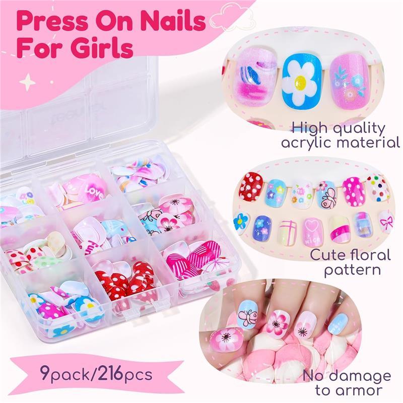 Teenitor Press On Nails for Girls, 216pcs Short Acrylic Nails in 9 Stylish Designs, 10 Sizes with Adhesive Tabs, Includes Nail File Buffer, Perfect for Kids & Girls