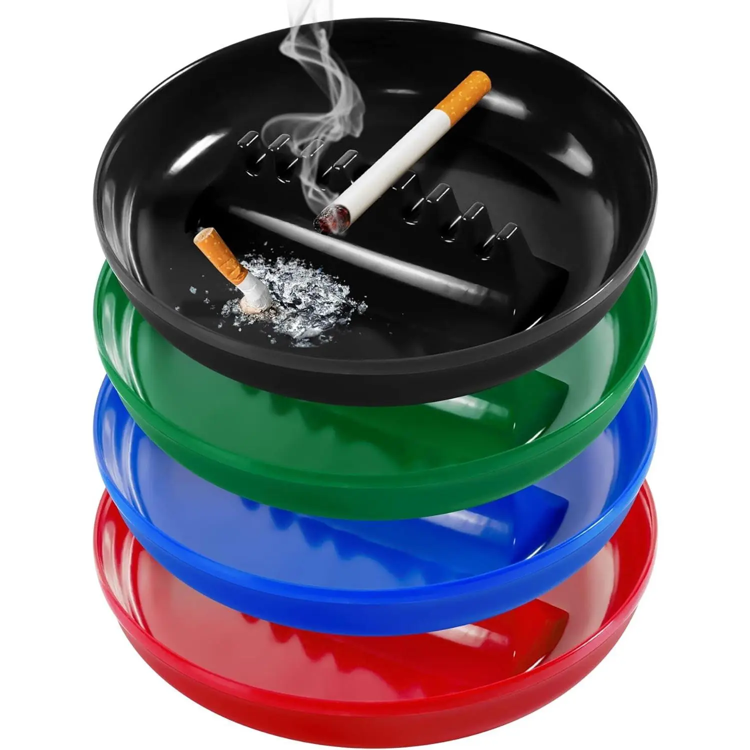 4-Pack Large Plastic Hand Ashtrays for Cigarettes & Cigars - Mixed Colors (Black, Blue, Green, Red) for Home, Patio, Office Home Decor & Supplies