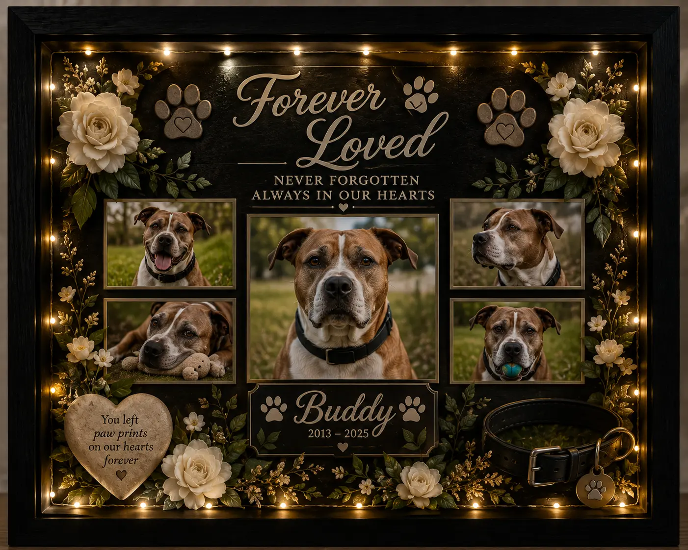 Personalized Dog Memorial Shadow Box with LED Lights, Floral Decor, Memory Display - Comforting Gift for Pet Lovers