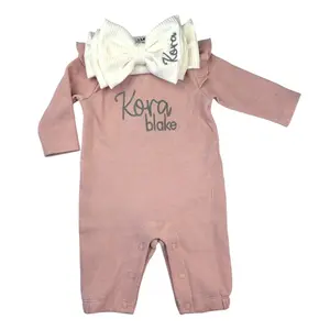Personalized Pink Outfit for Baby Girl  with ruffle sleeves white with bow headband / headwrap. High quality  soft stretchy material customized with baby name