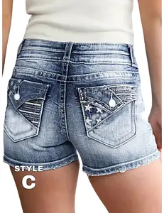 Embroidery Detail Raw Hem Retro Style Denim Shorts with US Flag Stars & Stripes, Ripped Slash Pocket Casual Denim Shorts, Jean Shorts