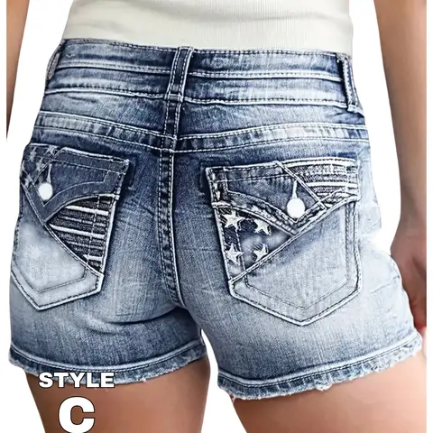 Embroidery Detail Raw Hem Retro Style Denim Shorts with US Flag Stars & Stripes, Ripped Slash Pocket Casual Denim Shorts, Jean Shorts