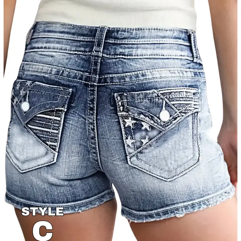 Embroidery Detail Raw Hem Retro Style Denim Shorts with US Flag Stars & Stripes, Ripped Slash Pocket Casual Denim Shorts, Jean Shorts