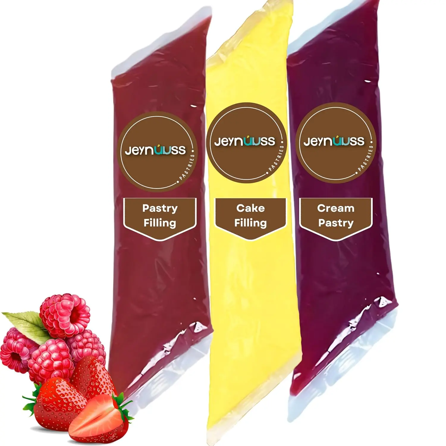 Jeynuuss Rich & Creamy Chilled Baking Pastry Fillings 3-Pack (2 Lb Bags Each) - Raspberry, Strawberry, Bavarian Cream for Cakes, Cannolis, Refrigerated Supplies with Corn, Contains Pres., Sodium Citrate, Salt, High Fructose Corn Syrup, Luxurious Texture,,