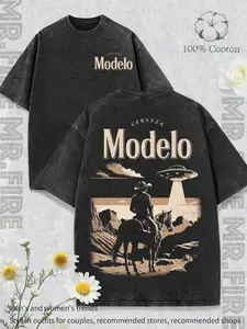 Mexican Modelo beer-themed T-shirt; Western desert cowboy illustration with UFO beam pattern T-shirt—American retro street Western style and sci‑fi references, a wardrobe essential.