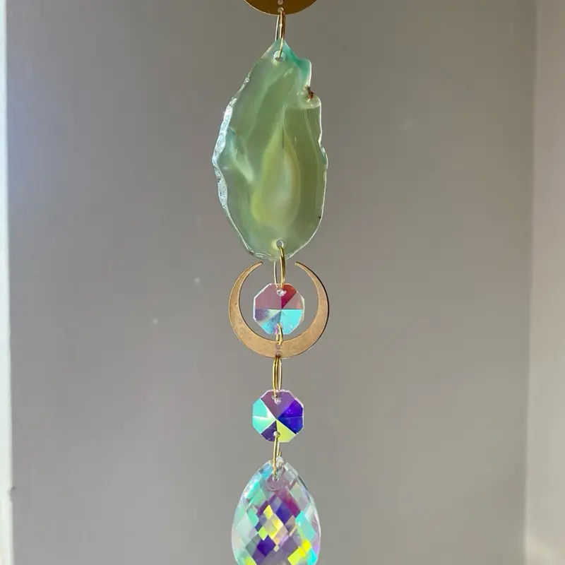 Handmade Crystal Sun Catcher with Unique Green Agate and Rainbow Beads – One-of-a-Kind Light Decor for Home