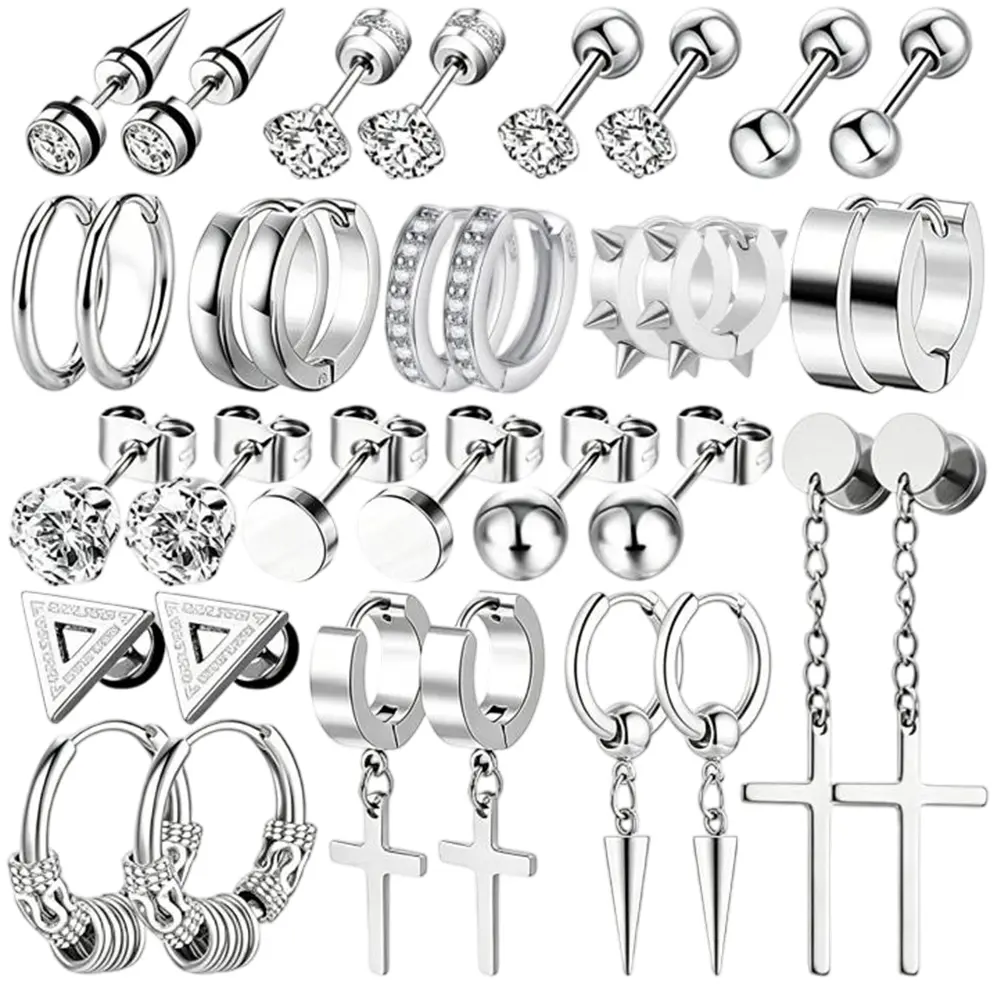 16 Pairs Earrings for Men, Stainless Steel Earrings For Men Sensitive Skin, Fashion Earring Piercing Jewelry Cross Dangle Hoop Kit Studs Long-lasting Shine