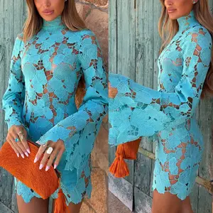 Lace high-neck dress, casual INS loose long-sleeve women's dress, new cross-border holiday style, hollow design without lining