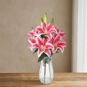 6 Stems Rose Red Artificial Lily Flowers with Fake Water & Fruits, PU Silk Faux Floral Arrangement for Home Vase, Table, Decor