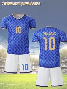 2-piece quick-drying football set for children and boys with blue leaf pattern, gold number 10 and name PULISIC, including a football jersey and moisture-wicking sweat shorts, suitable for training, competitions and outdoor activities.
