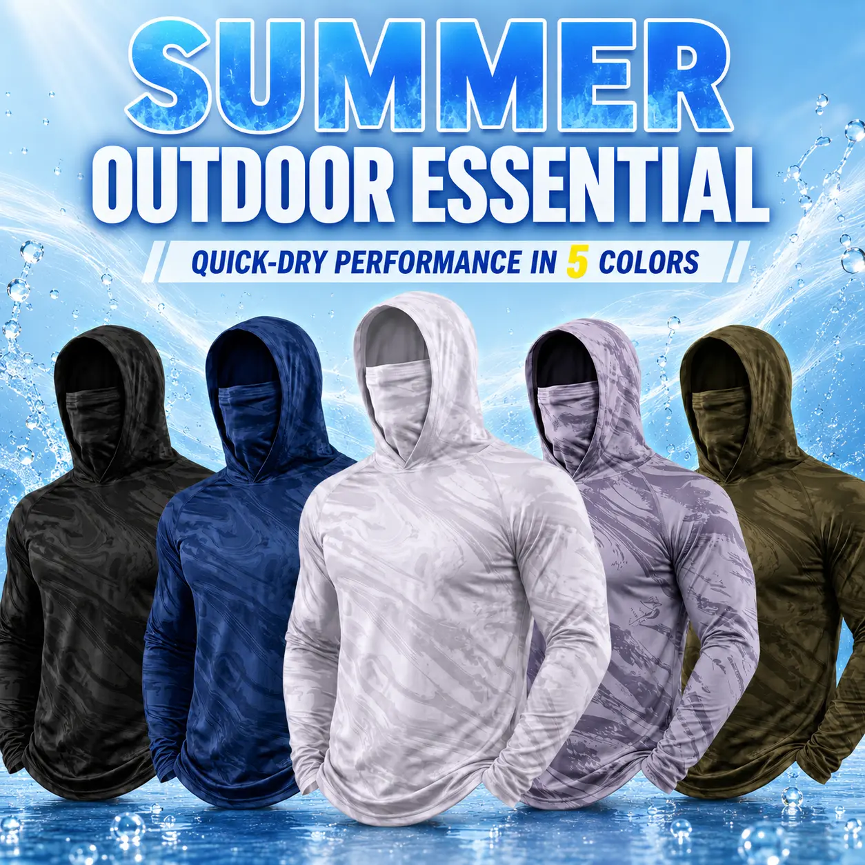 Men's 5-Pack Outdoor Work Shirts with Hood and Face Cover, Breathable Lightweight Long Sleeve Shirts for Lawn Care, Gardening and Construction
