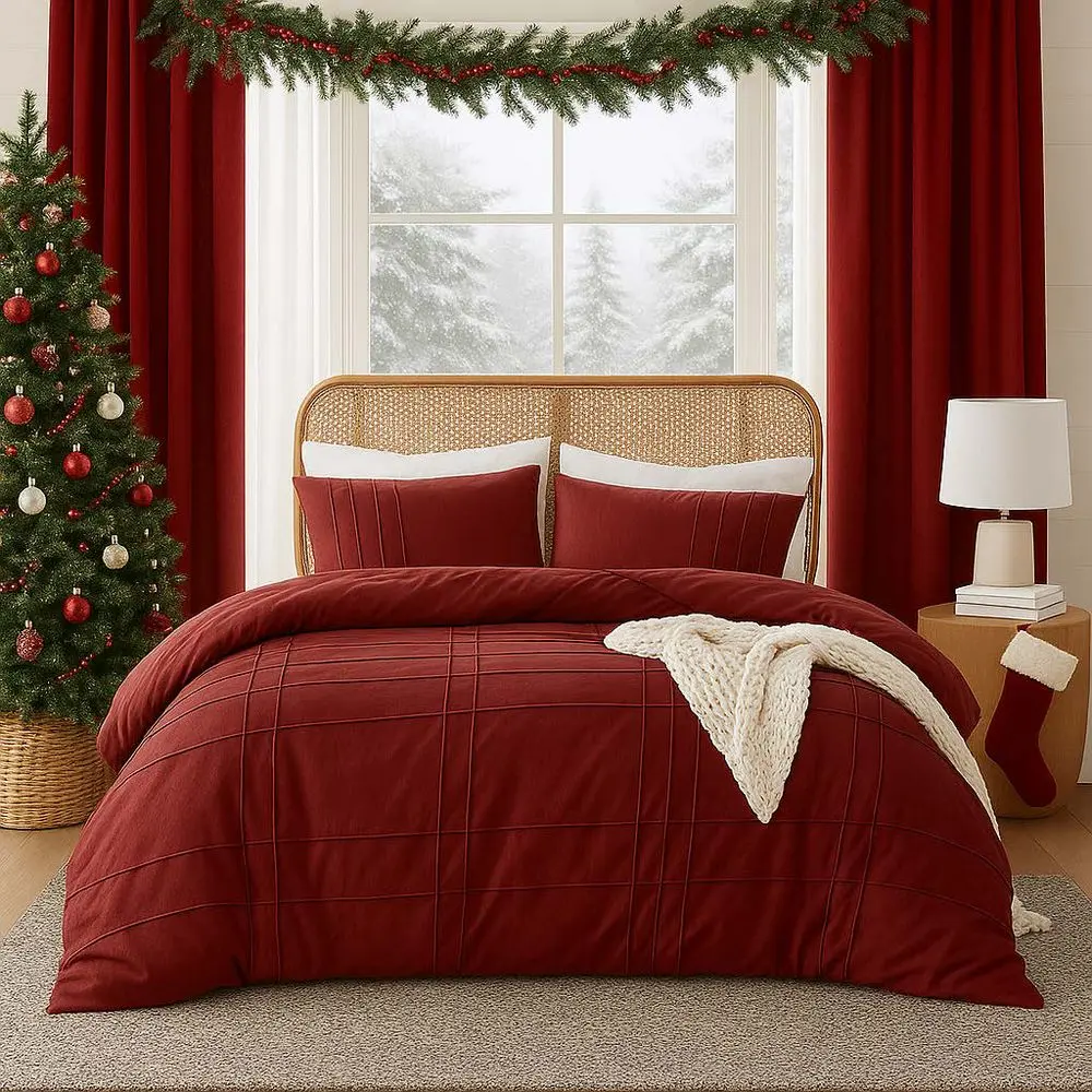 3Pcs Comforter set Pinch Pleat Comforter for All Seasons Stylish Grid Pattern Bedding Set Lightweight Solid Bed Comforter Sets Red King