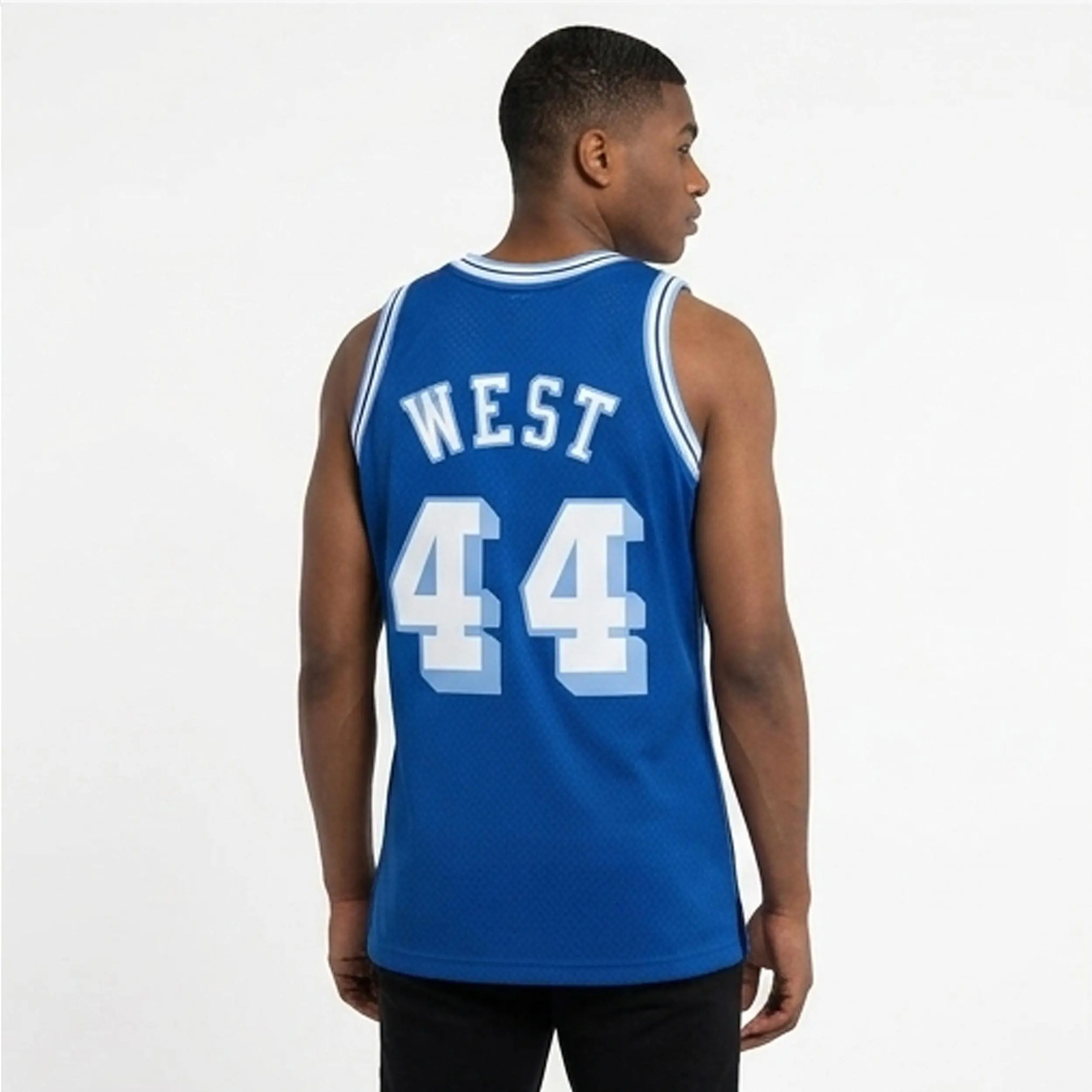 Men's New Polyester Los Angeles Basketball #44 Vintage All-Over Logo Legend Royal 1960-61 Retro Collectible Fan Jersey