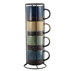 4 Piece 14 oz Stackable Ceramic Coffee Mug Set - Perfect for Your Morning Drinks - Reusable, Drinkware