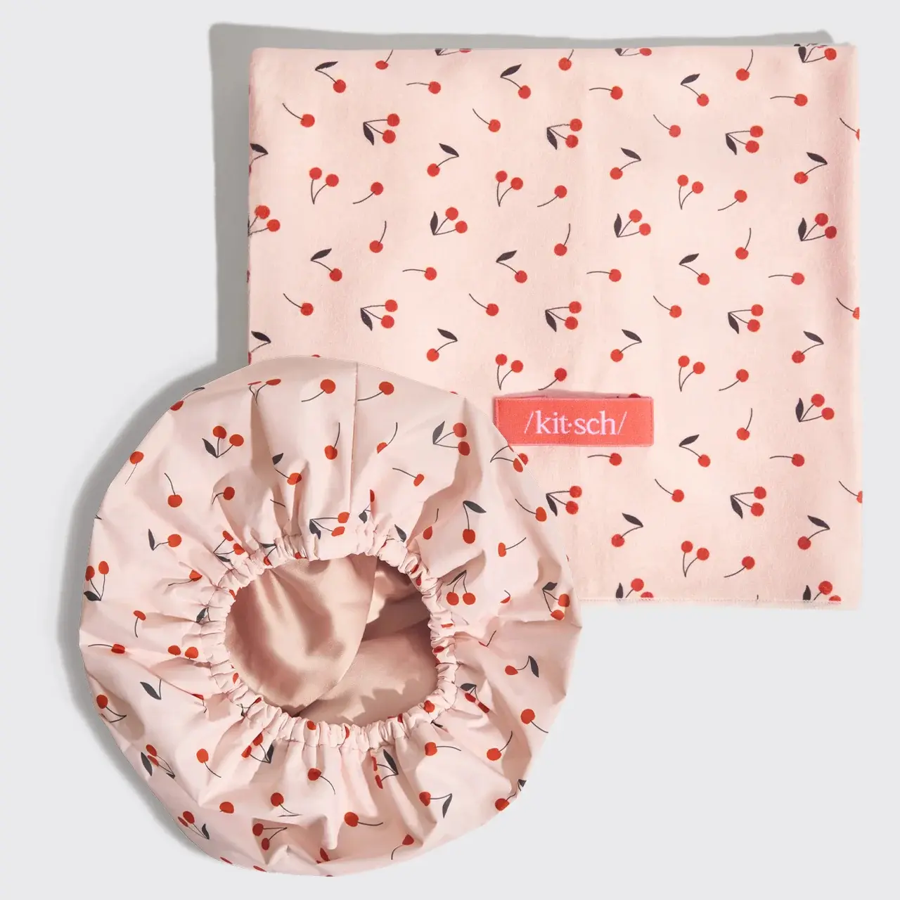 Kitsch Cherry Hair Care Duo - Ultra-Absorbent Microfiber Towel Wrap & Matching Cherry Shower Cap for Fast Dry Time & Frizz Reduction