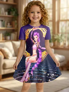 Long Braid Dress, Starry Gradient Princess Dress for Girls, Casual Fitted Knee Length, Short Sleeve H-Type Silhouette