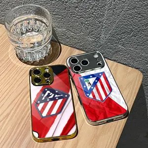 PIKPAKA Club A-AtlEtico De Madrid Worlds Top Football Teams Logo Fashion Soccer Fans Phone Case, Accessories For IPhone 17 16 15 14 13 12 Pro Max Plus Electroplated Metal Bumper Case Slim Tempered Glass Back Advanced Materials Shockproof Anti-Scratch Case