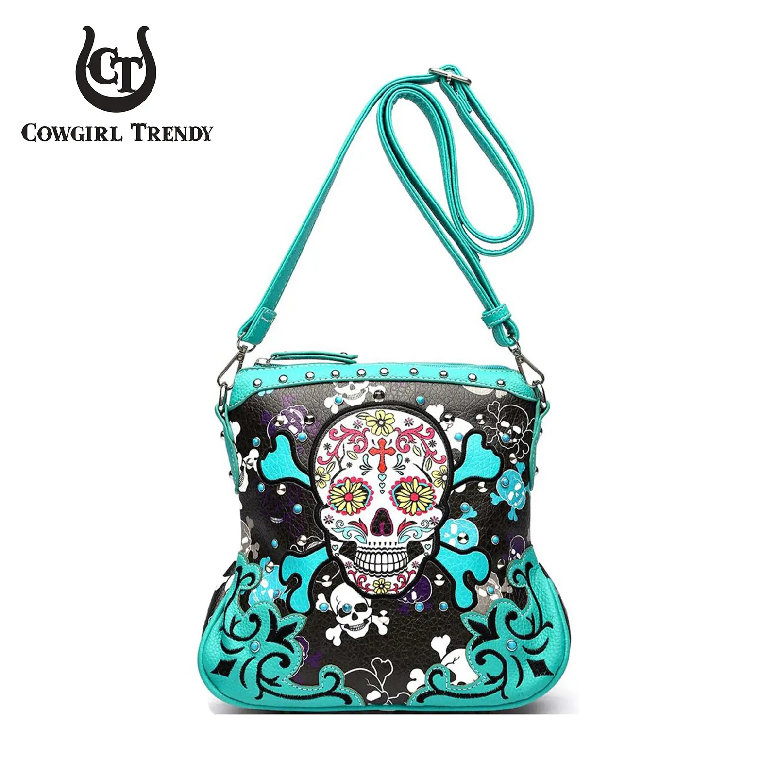Women's Gothic Rock Metallic Texture Candy Skulls Crossbones Leather Crossbody/Shoulder Bag - Adjustable, Multi-Compartment, Retro Embroidery Bag with Top Zipper Secure Storage