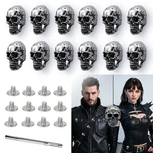 Men's Skull Head Shirt Studs Set, Silver Color Antique Copper Texture Design, 12 Pieces for Party & Business Use, Stylish Men's Accessory Gift