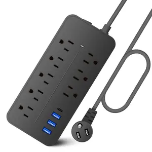 1 Plug Power Strip with Surge Protector, 8 AC Power Outlets, 3 USB Ports/Type-C Ports, Overload Protection, Auto Shut-Off Function, Ideal for Home and Office Use - Black
