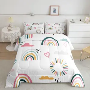 Catoon Rainbow Comforter Set,Pink Love Heart Bedding Set,Decor Cute Cloud Comforter,Kawaii Stripes Polka Dots White Duvet Set,Quilt 3Pcs King