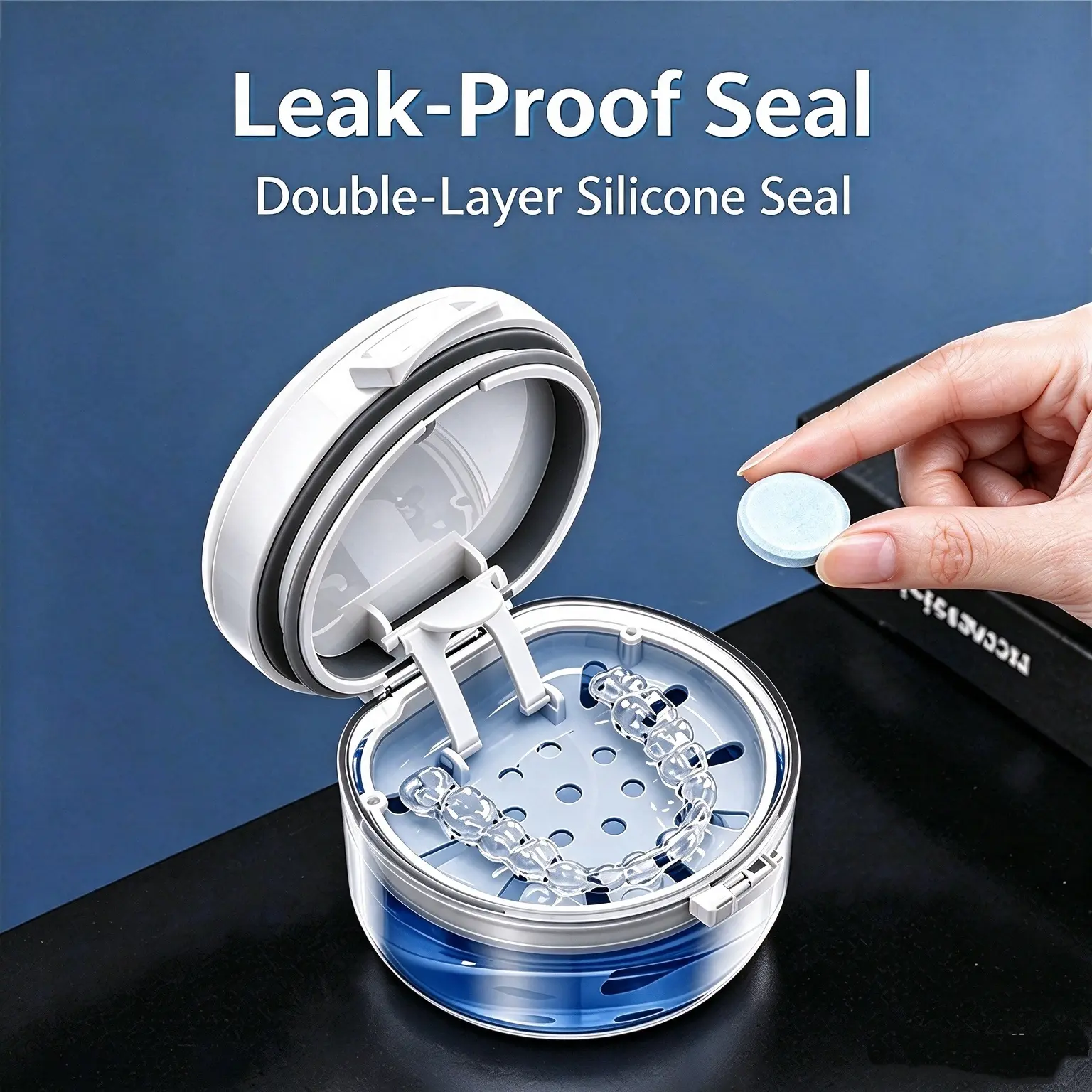 Travel Retainer Soak Container, Dental Aligner Cleaning Storage Box with Drain Basket, Silicone Leak-Proof Seal, Air Vent & Magnetic Closure, Portable Retainer Case for Invisalign Aligners, Retainers and Mouth Guards