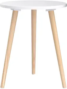 Modern Round Side Table, White Nightstand and Coffee End Table for Living Room and Bedroom, Easy Assembly with Natural Wood Legs (16.5 x 20.5 inches)