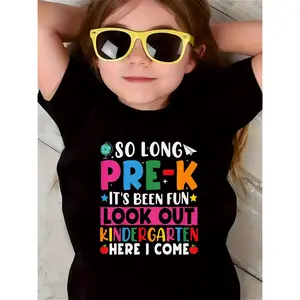 Graduation Style, Girls' T-Shirt ''So Long Pre-K It Has Been Fun Look Out Kindergarten Here I Come'' Print Short Sleeve Round Neck Soft Comfortable Casual Tops for Girls Pre K Graduation Milestone