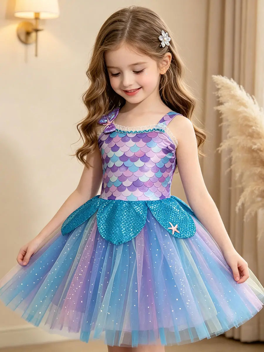 Girls' Cute Gradient Scale Tutu Dress, Sleeveless Crew Neck with Sparkly Tulle Skirt, Bow & Starfish Decor for Ocean Theme Birthday Party