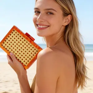 PSBIY Women's Acrylic Clutch with Rattan Woven Pattern Crossbody Handbag Shoulder Bag in Tortoise Shell Design with Gold Chain Strap