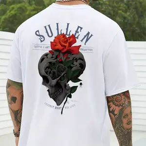 Back skull design T-shirt, suitable for both men and women, men's round neck street style summer and spring, round neck, short sleeved, casual, clothing, simple yet trendy, party and outdoor activities