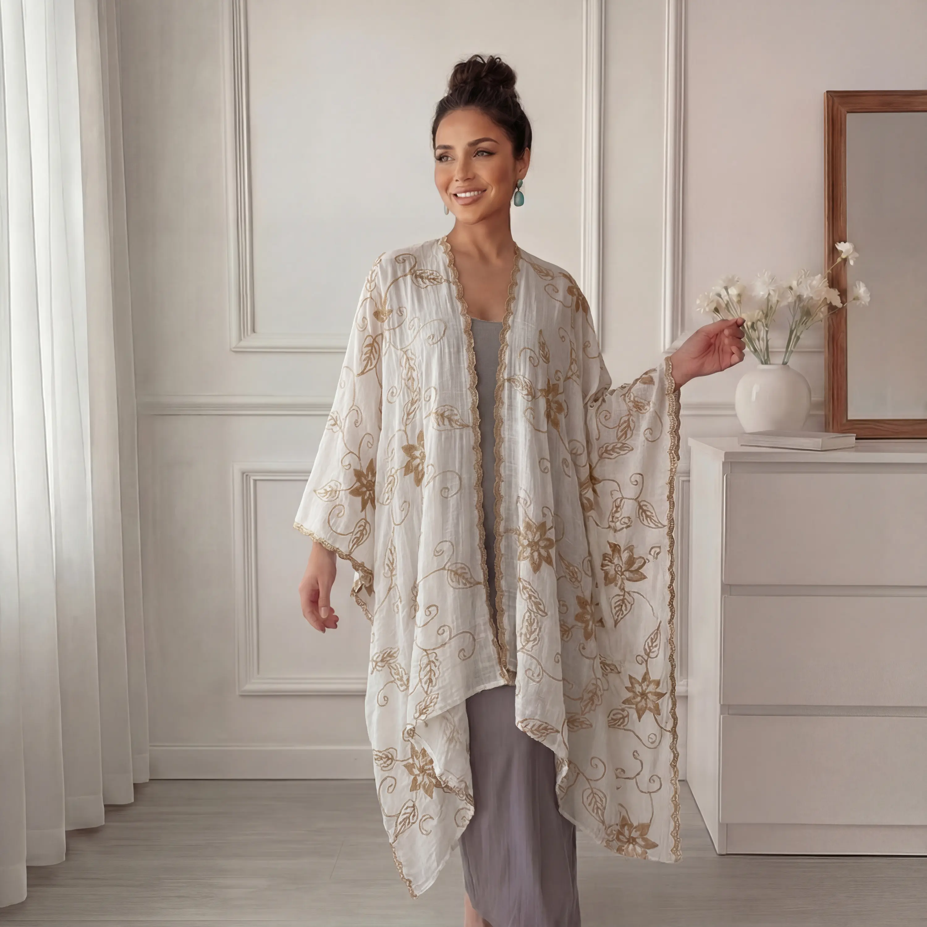 Women's Chic Elegant Bohemian Floral Embroidered Kimono Cardigan Tunic - Lightweight, Breathable, Trim Open Front, Loose Fit Polyester Female Fashion Daily Light Cover-Up Shawls for Summer Vacation, Beach Days