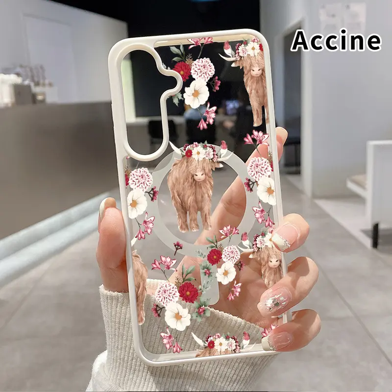 Magnetic Phone Case Compatible with Samsung Galaxy S24 Plus S25 S23 FE S22 Ultra S22+ Floral Highland Cow Acrylic Back TPU Edges Clear support wireless charging Bumper Cover for Boy
