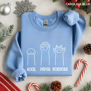 Funny Cat Paw Sweatshirt Rock Paper Scissors Unisex Crewneck Shirt, Women Favorite Graphic Top Everyday Fit