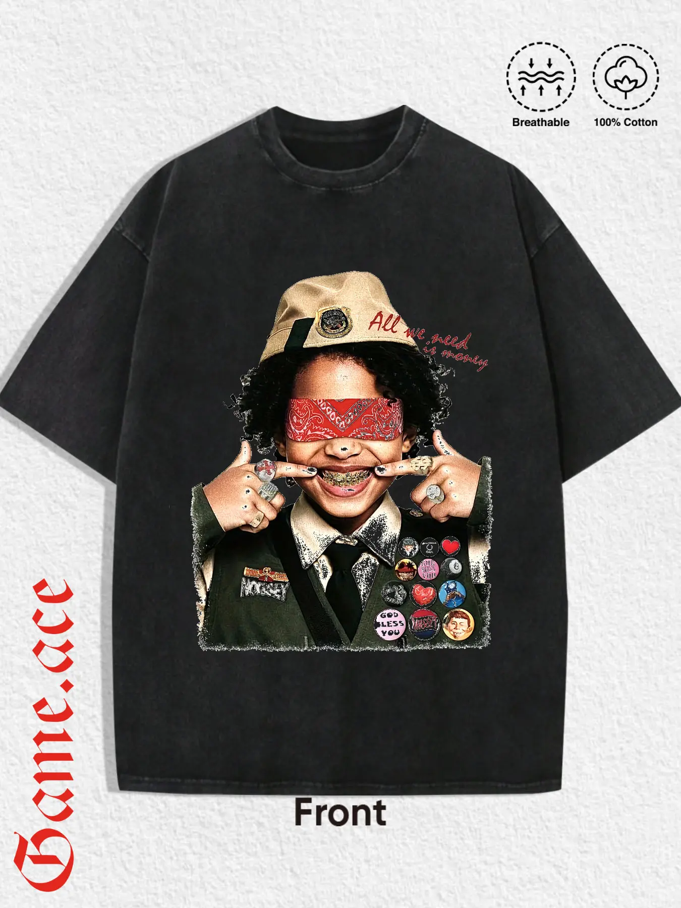 1 piece loose, washed graphic T-shirt featuring a fusion of paisley square scarf motifs, gold teeth, patches, and currency slogan prints; Old School hip-hop style; unisex, suitable for all seasons; ideal for peace rallies, beach trips, outdoor sports, Y2K