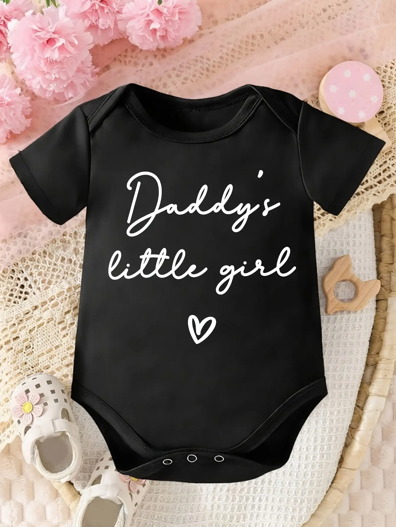 Short‑Sleeve Black Baby Girl Bodysuit, Daddy's Little Girl Handwritten Heart Print Soft Cotton Newborn Infant Onesie