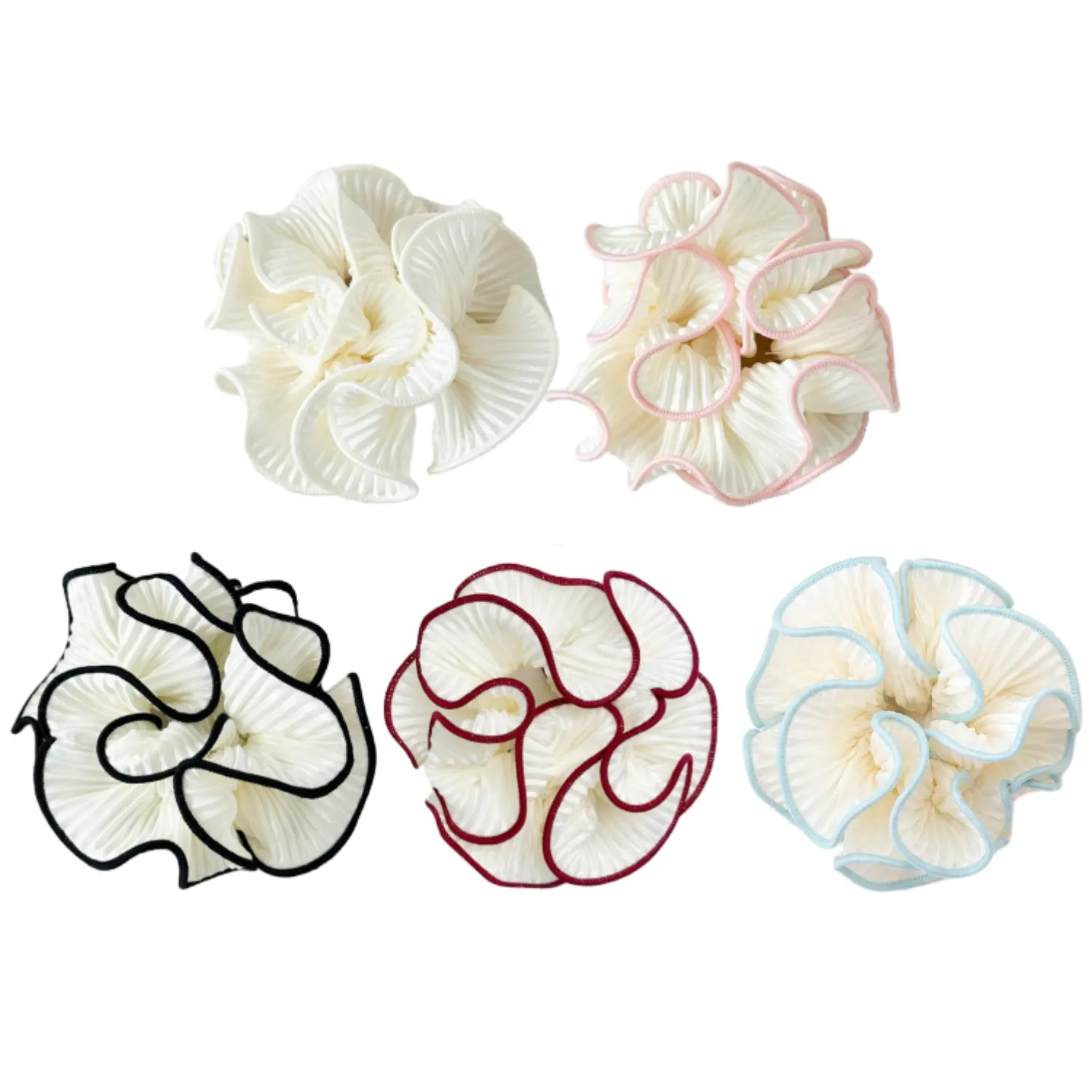 5PCS Oversized Puffy Hair Scrunchies, 4.72 Inch Double Layer Pleated Ruffle Design, White with Colored Trim, Extra Large Hair Ties for Buns Ponytail Holders for Voluminous Look