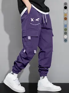 sweats Men's multi-colored work pants with an elastic waistband, loose fit, and multiple pockets, featuring side letter prints, suitable for street style and everyday wear.work pants for men  Casual Jogger Menswear Stylish mens pants  Trouser