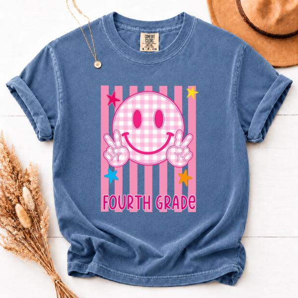 Comfort Colors T-Shirt Fourth Grade Smiley Face Graphic Tee, Cute Back to School Teacher Shirt, Pink Gingham Happy Face, Fourth Grade Student Gift