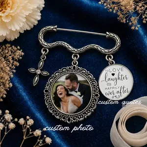 Personalized Wedding Photo Charm Pin, Custom Bridal Bouquet Brooch, Bride Memory Keepsake with Photo & Quote