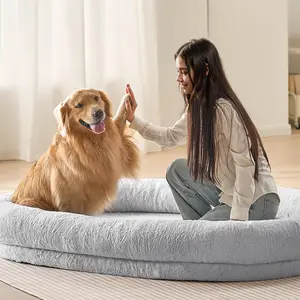 【FathersDayGift】 VEVOR Human Dog Bed, 72" x48"x10" Human Dog Bed for Adult, Human Size Dog Bed with Washable Faux Rabbit Fur Cover, Egg Orthopedic Foam, Storage Pocket, Large Dog Bean Bed, Light Grey