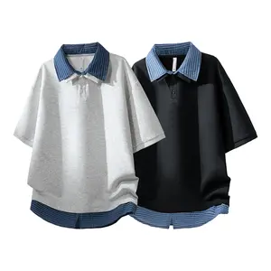 Retro minimalist faux two-piece plaid patchwork polo shirt with contrast piping and a turn-down collar; summer American loose casual streetwear short sleeves; versatile for everyday wear, collegiate style, commuting/business, outdoor sports; unisex design