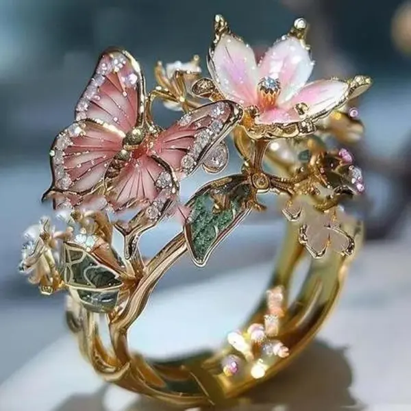 Butterfly Flower Ring for Women - Enamel Ring With Adjustable Size - Butterfly Rings