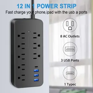 Socket Power Strip, Surge Protector with 8 Outlets and 4 USB Ports(1 USB C Outlet) 4ft Extension Cords Outlet Strip Wall Mount, Desktop Charging Station for Home, Office and Dorm Essential