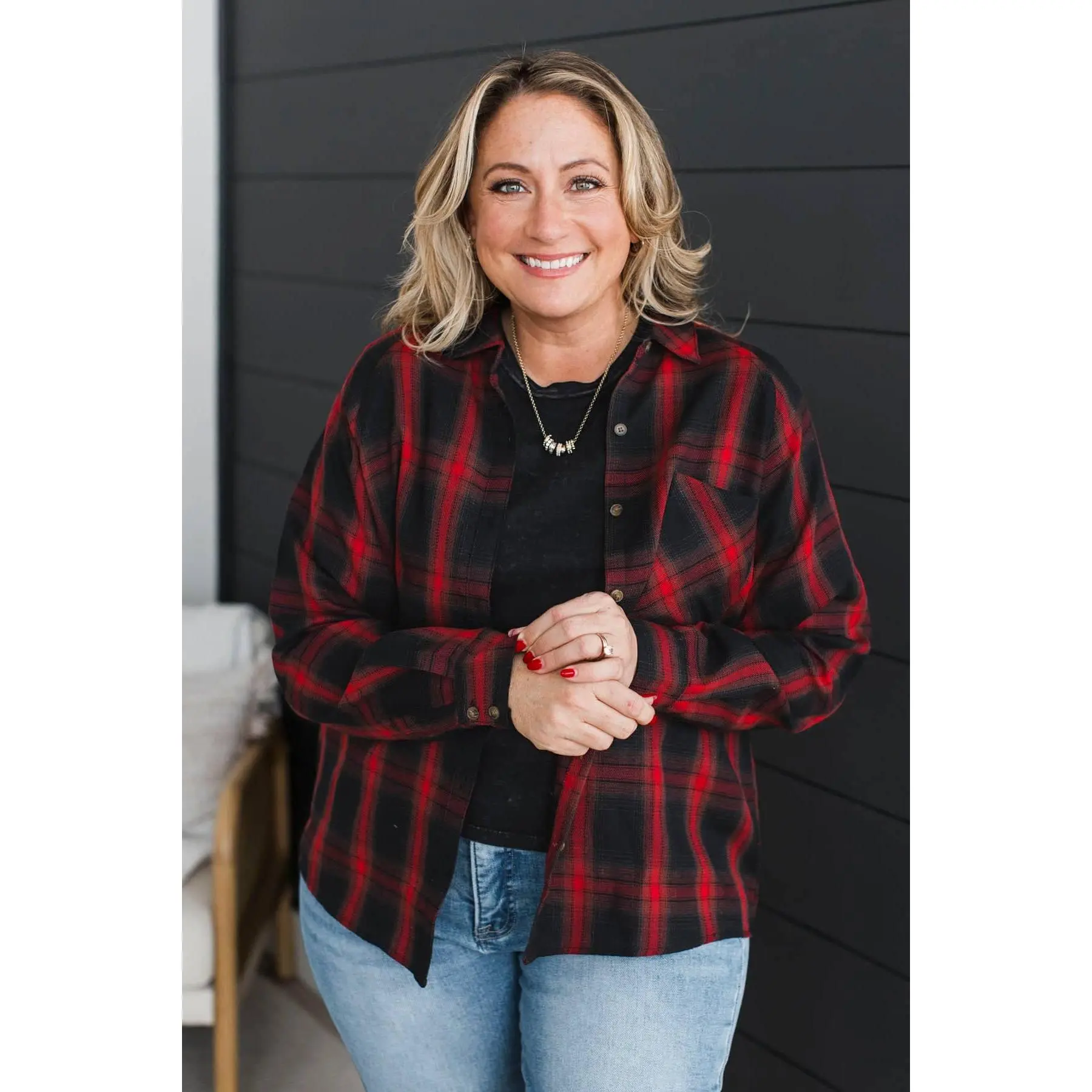 Keep The Peace Plaid Button Top- Red & Black