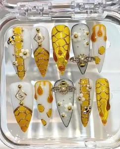 Honeycomb Bee Press On Nails, 3D Honey Bee Nail Art, Amber Gold Drip Nails, Handmade Luxury Press-On Nails, Beehive Nails