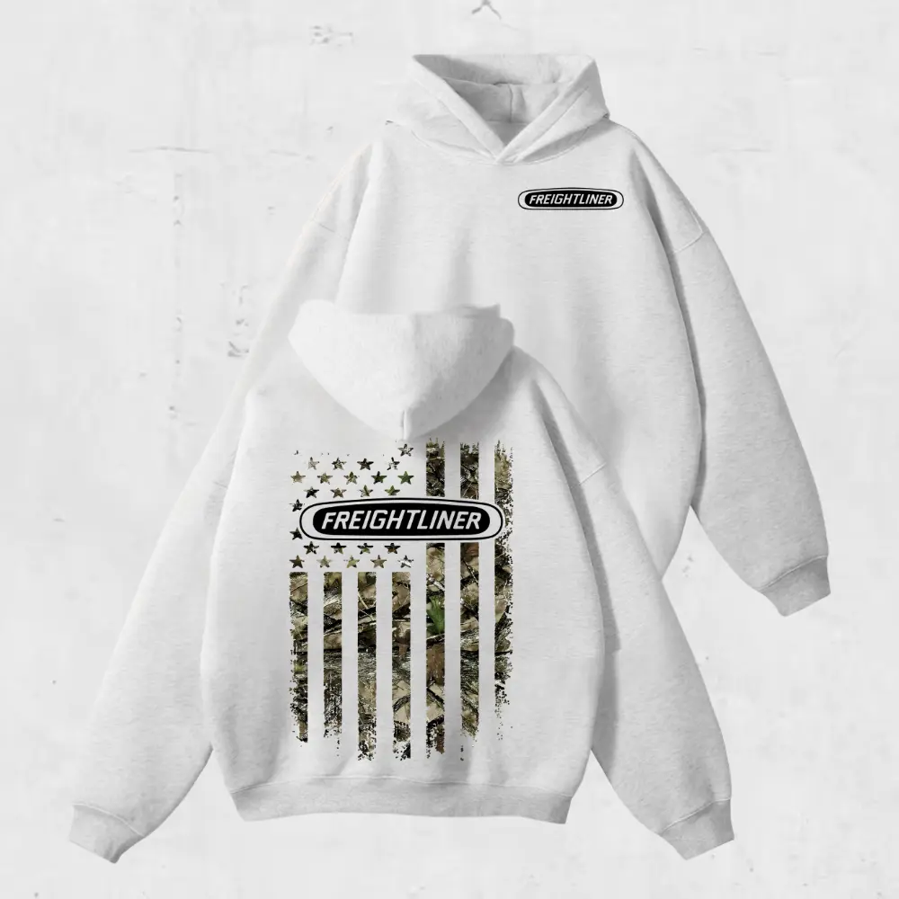 Freightliner Trucks Camo Hoodie – Vintage Freightliner USA Flag Graphic Tee, Classic American Truck Streetwear for Men & Women, Perfect Gift for Pickup & Country Fans